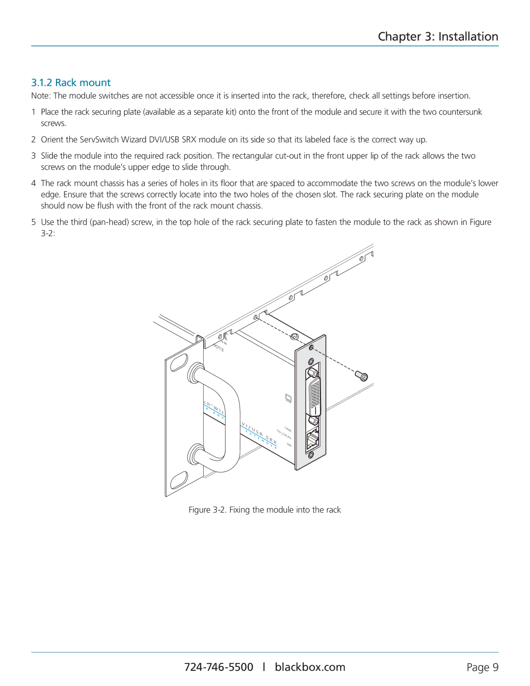 Black Box ServSwitch Wizard DVI/USB SRX, ACU5501A-R4 manual Installation, Rack mount 