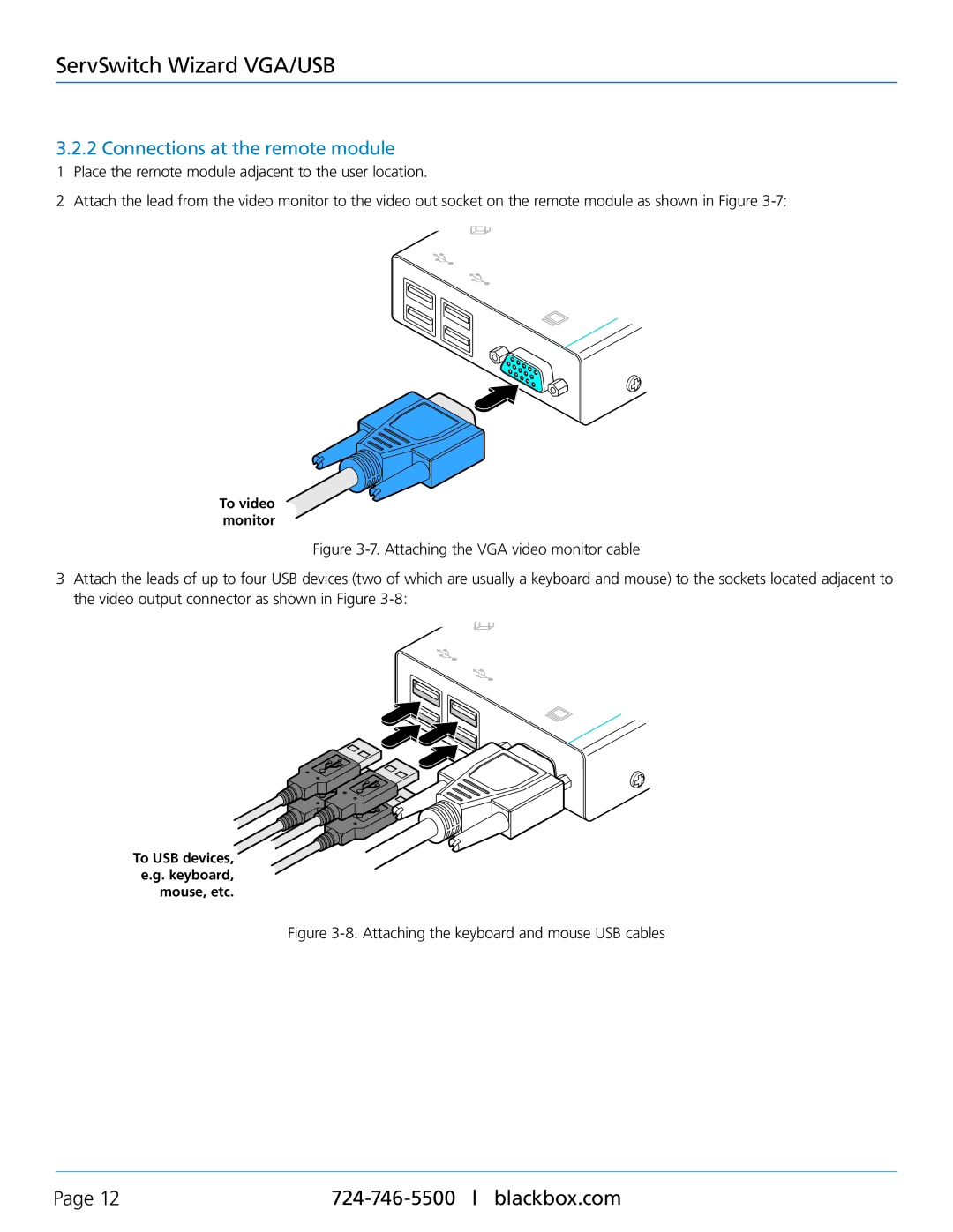 Black Box ACU5050A-R2 manual Connections at the remote module, Attaching the keyboard and mouse USB cables 