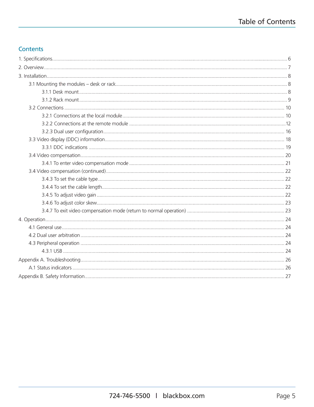 Black Box ServSwitch Wizard VGA/USB, ACU5050A-R2 manual Table of Contents 