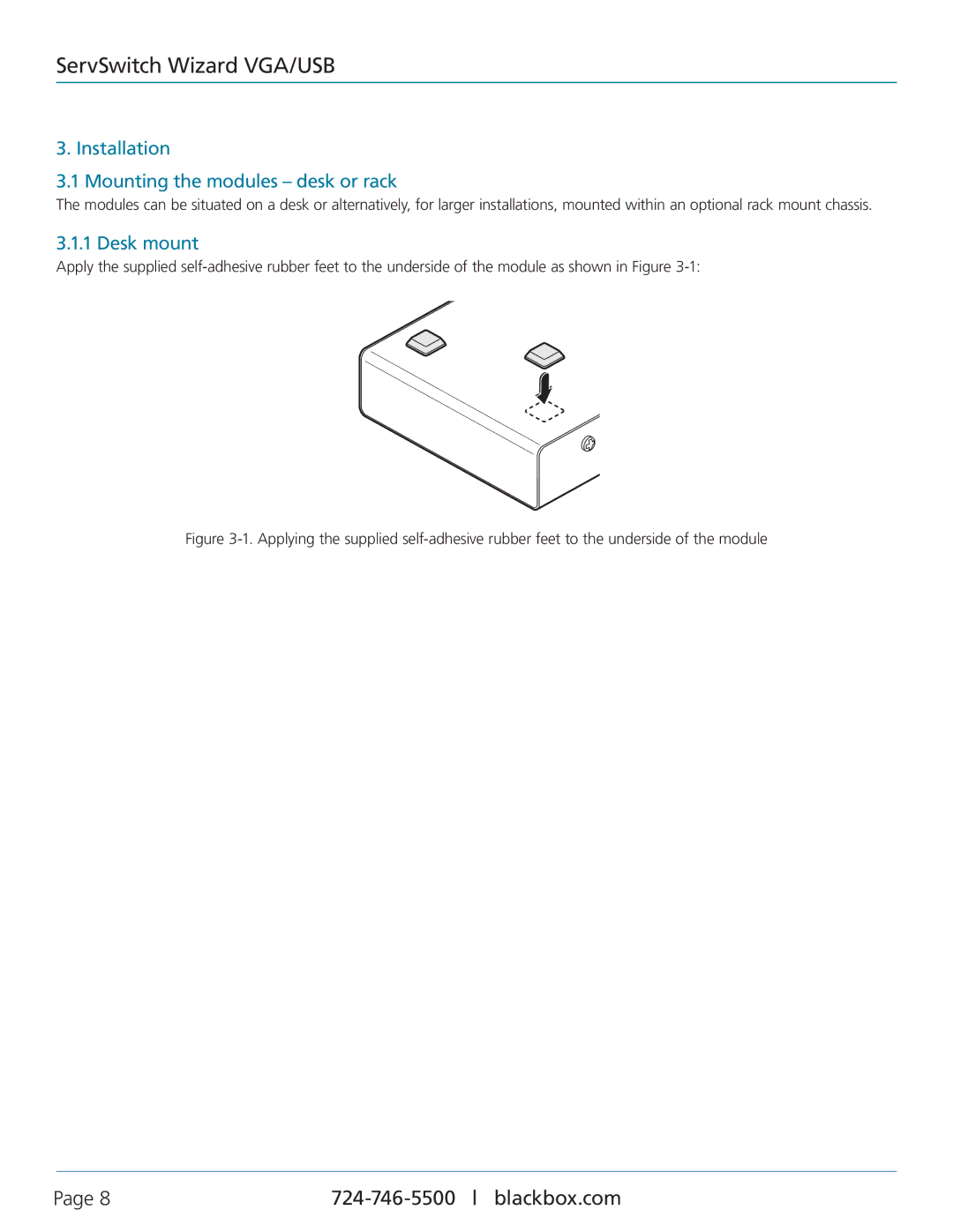 Black Box ACU5050A-R2, ServSwitch Wizard VGA/USB manual Installation Mounting the modules desk or rack, Desk mount 