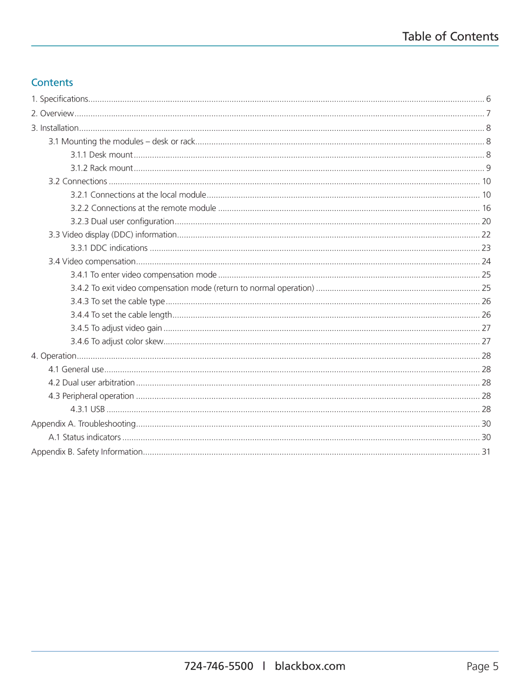 Black Box ServSwitch Wizard VGA/USB, ACU505A-R2, ACU5250A-R2 manual Table of Contents 