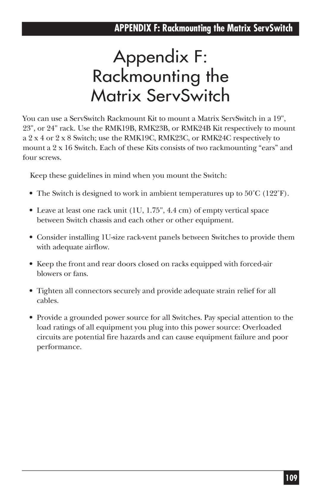 Black Box manual Appendix F Rackmounting Matrix ServSwitch 