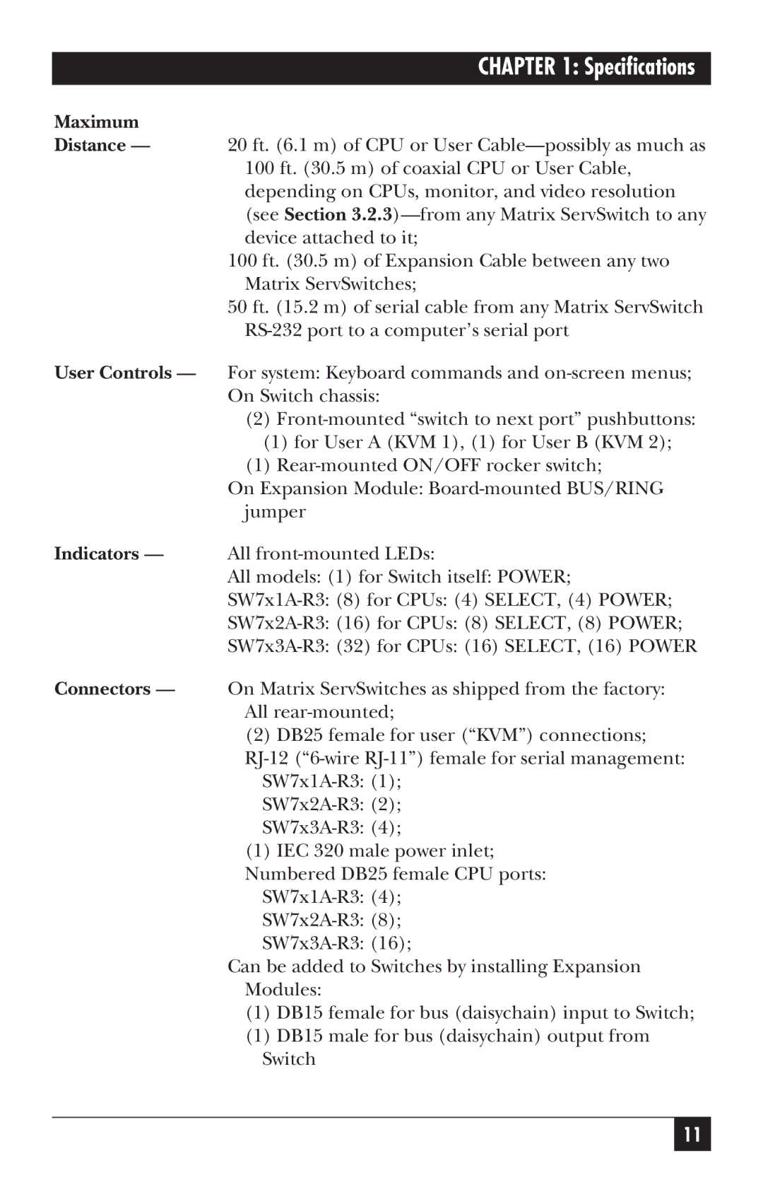 Black Box ServSwitch manual Specifications, Maximum 