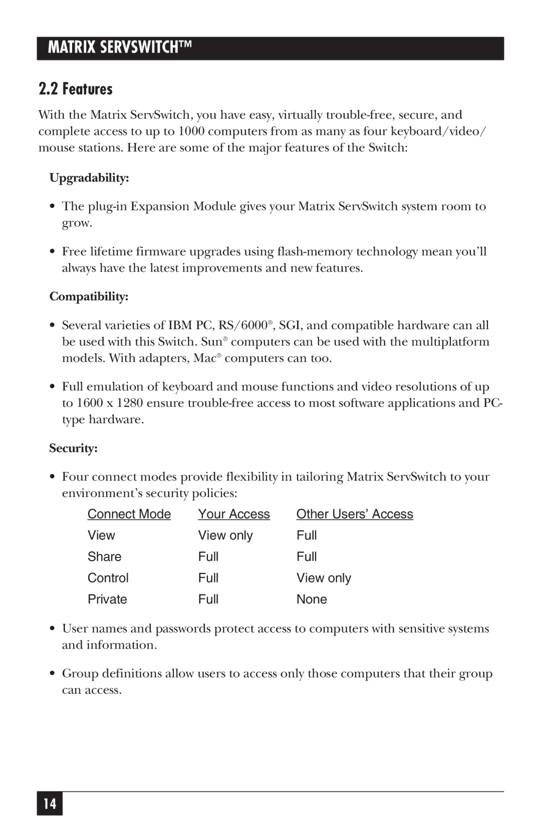 Black Box ServSwitch manual Features, Upgradability, Compatibility, Security 