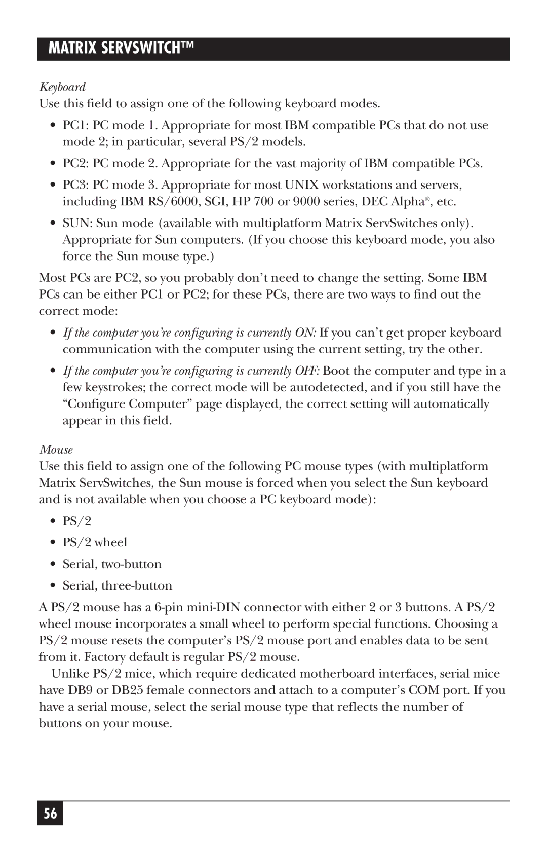 Black Box ServSwitch manual Keyboard 