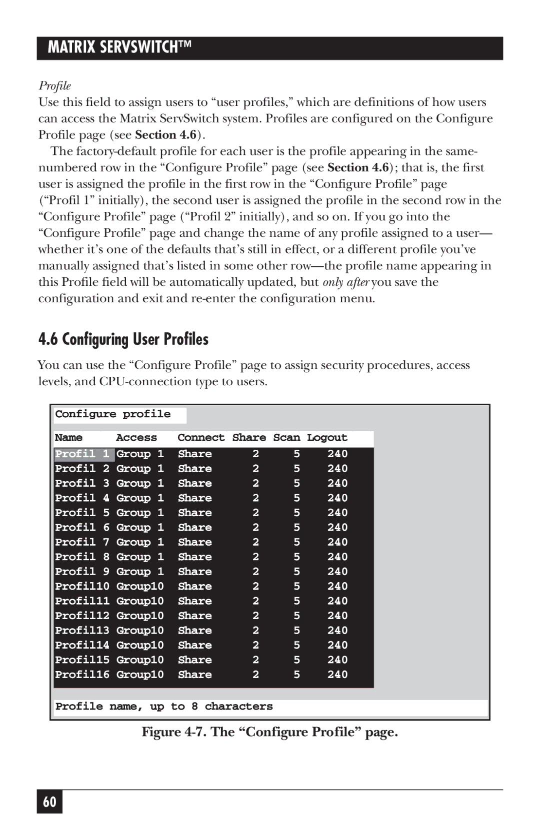 Black Box ServSwitch manual Configuring User Profiles, Configure Profile 