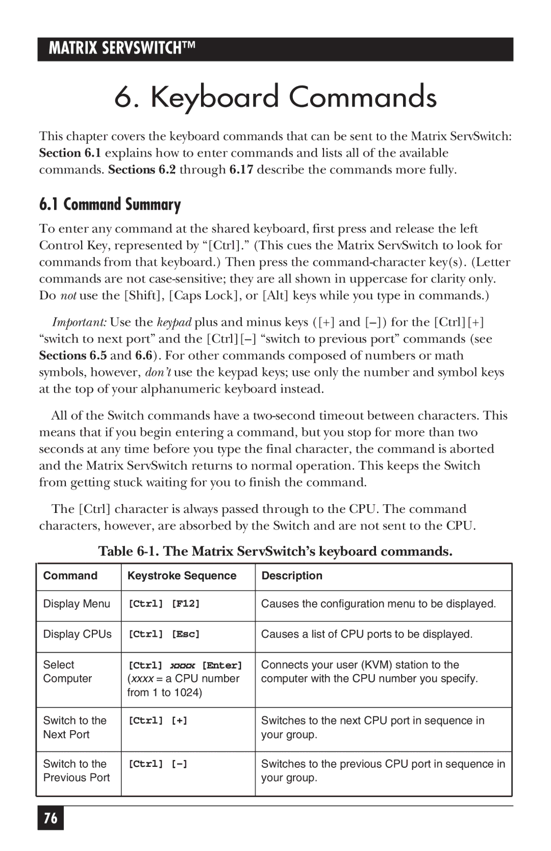 Black Box ServSwitch manual Keyboard Commands, Command Summary 