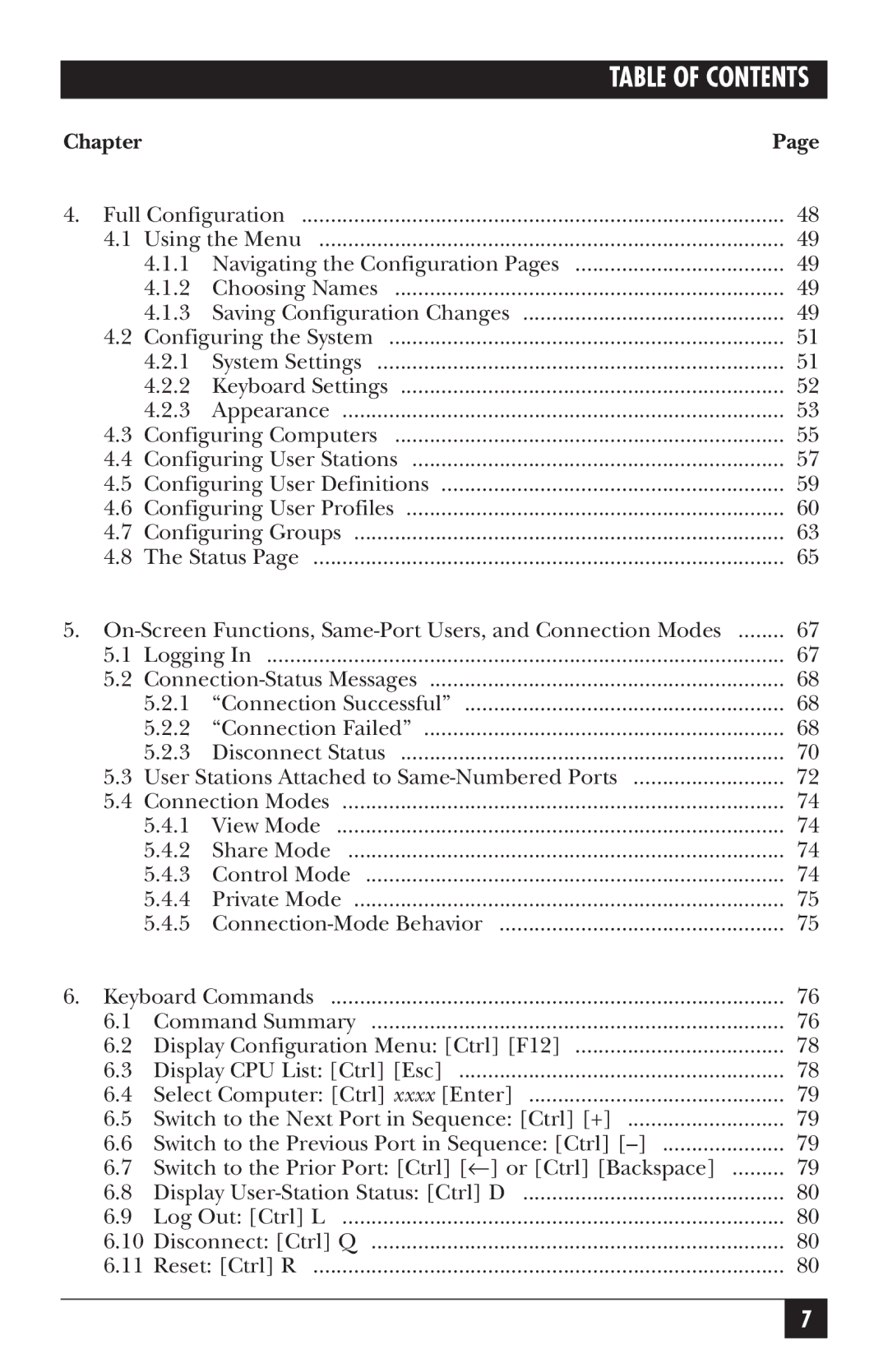 Black Box ServSwitch manual Table of Contents 