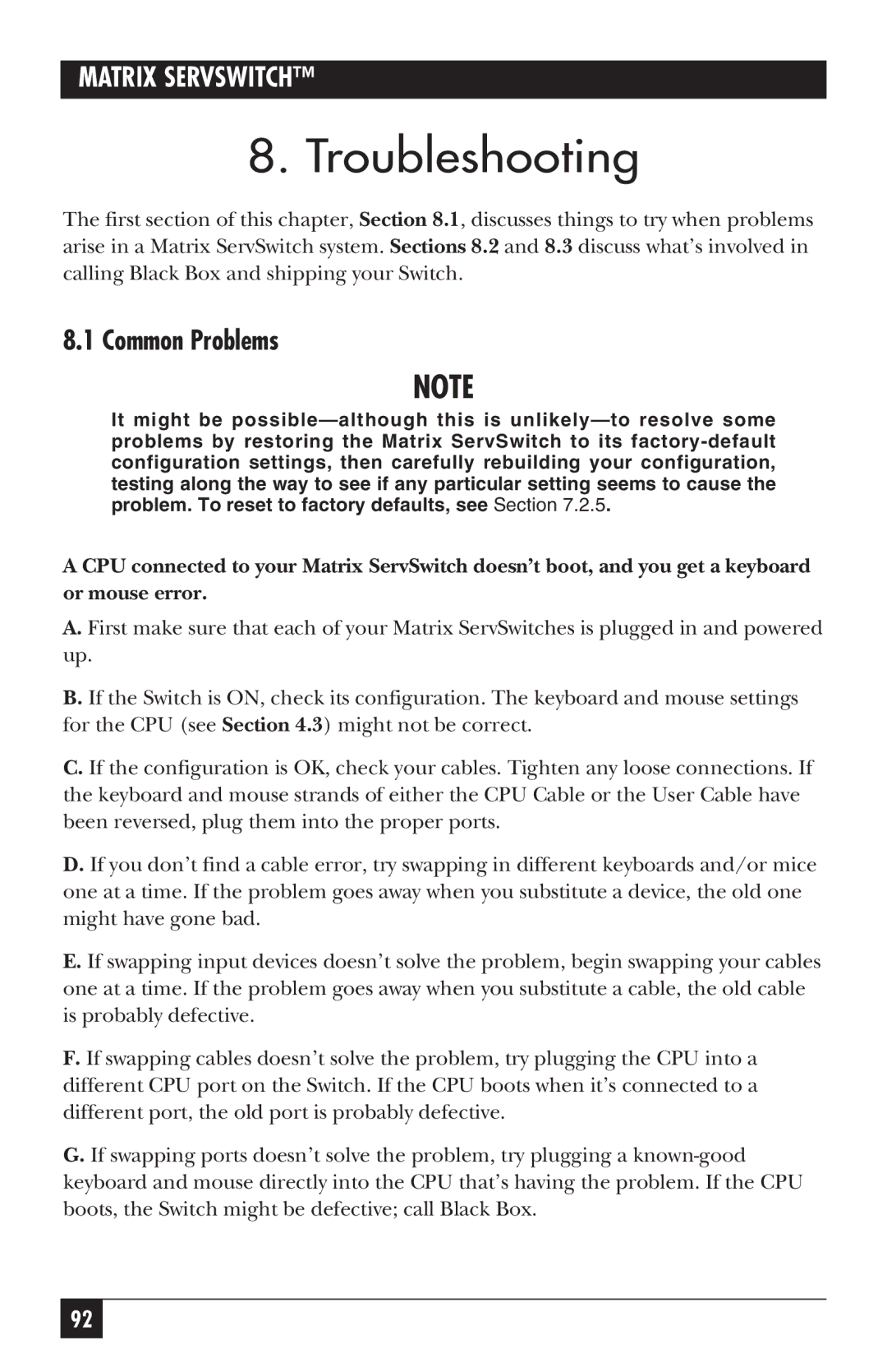 Black Box ServSwitch manual Troubleshooting, Common Problems 