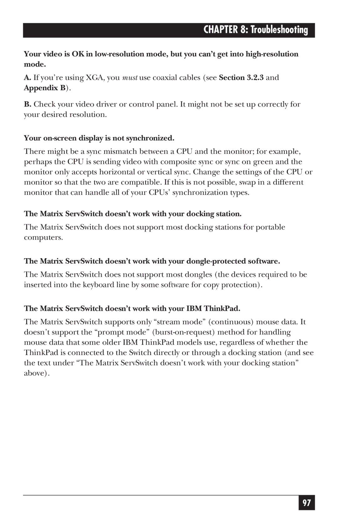 Black Box manual Your on-screen display is not synchronized, Matrix ServSwitch doesn’t work with your docking station 