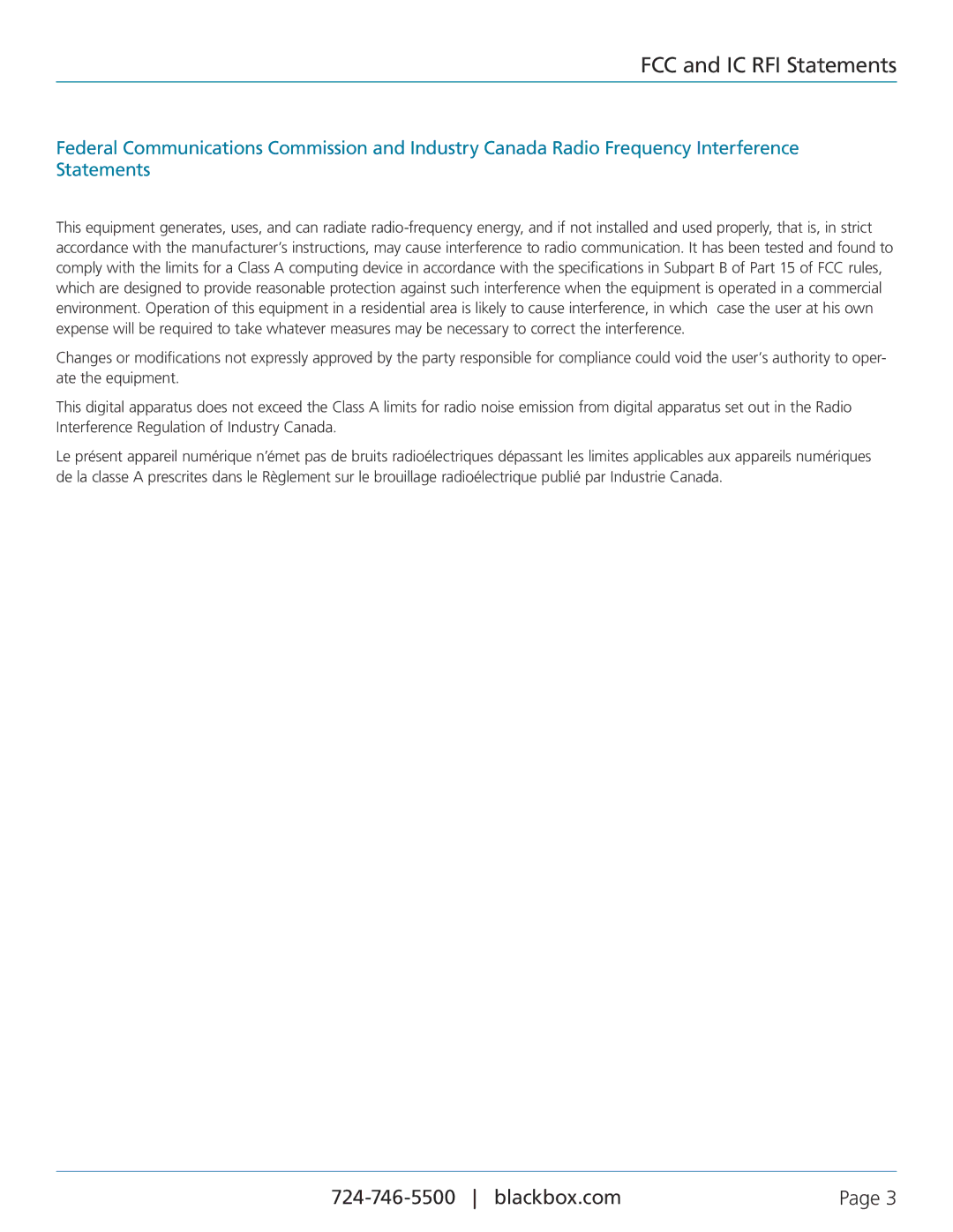 Black Box ACXCWDM4, ServSwitchTM CWDM Mux manual FCC and IC RFI Statements 