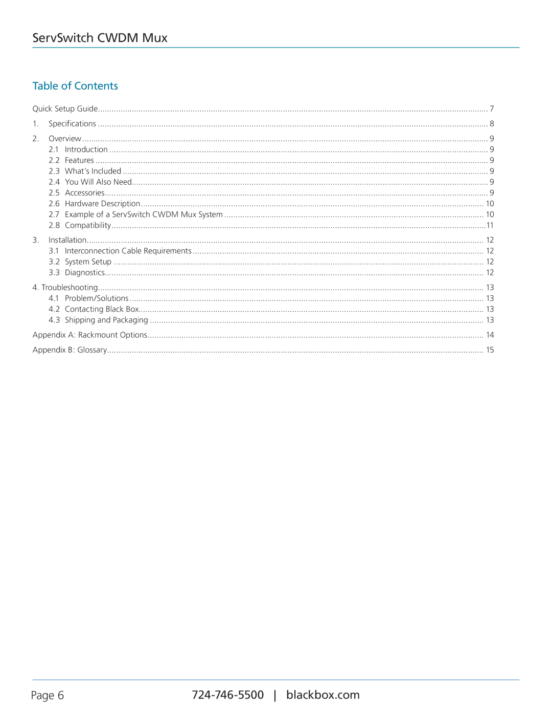 Black Box ServSwitchTM CWDM Mux, ACXCWDM4 manual Table of Contents 