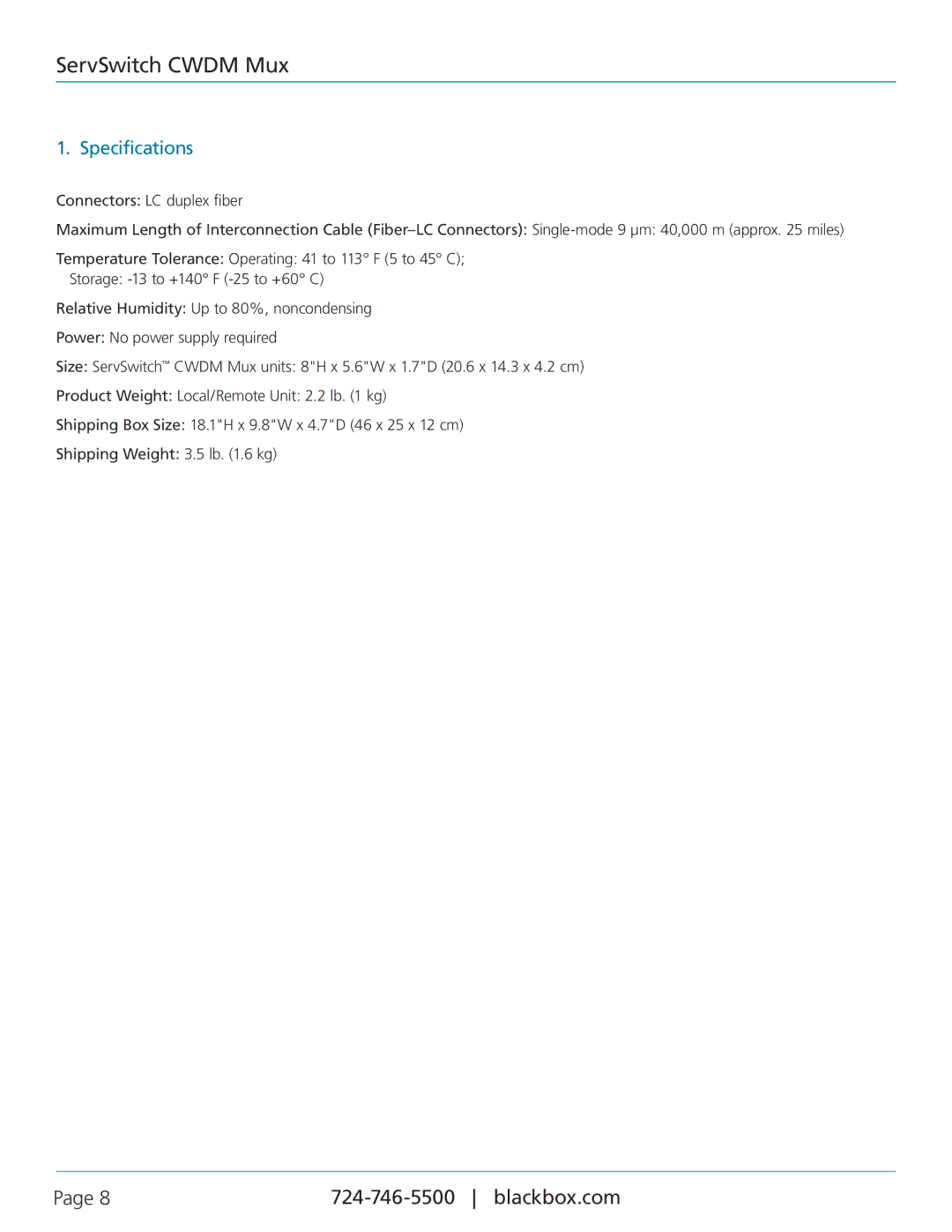 Black Box ServSwitchTM CWDM Mux, ACXCWDM4 manual Specifications 