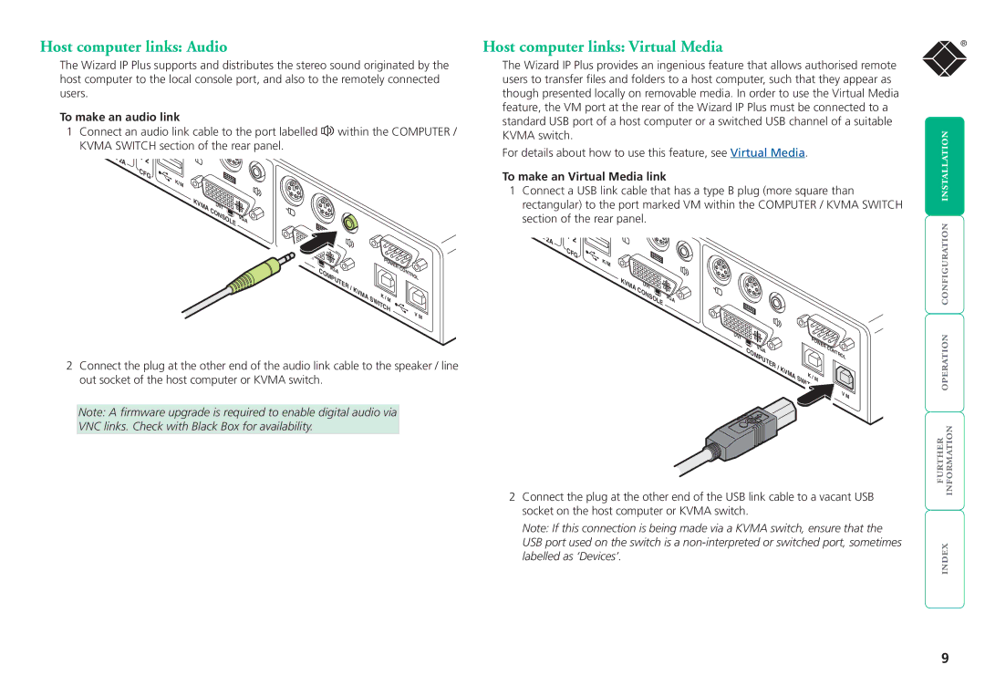 Black Box ServSwitchTM manual Host computer links Audio, Host computer links Virtual Media, To make an audio link 