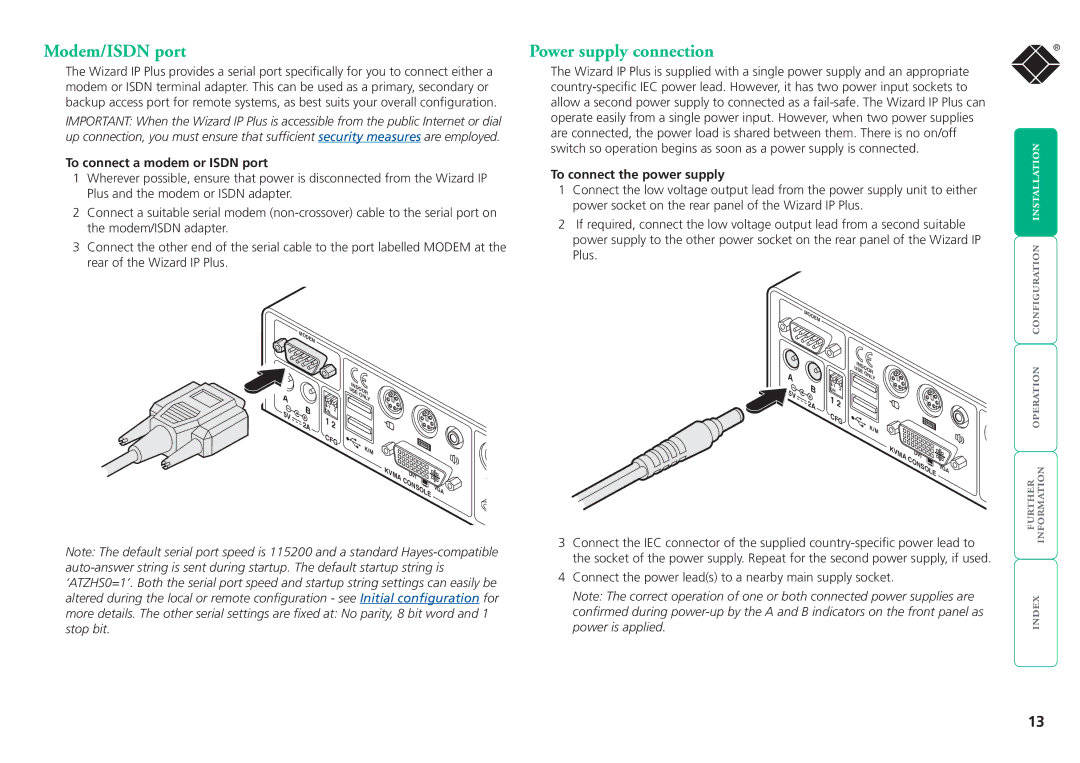 Black Box ServSwitchTM manual Modem/ISDN port, Power supply connection, To connect a modem or Isdn port 