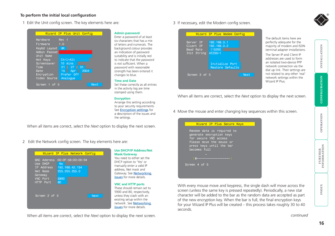 Black Box ServSwitchTM manual To perform the initial local configuration, Admin password, Time and Date, Encryption 