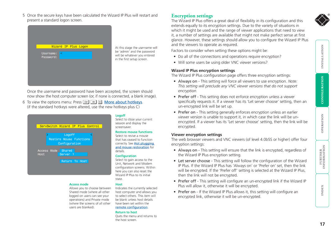 Black Box ServSwitchTM manual Encryption settings, Wizard IP Plus encryption settings, Viewer encryption settings 