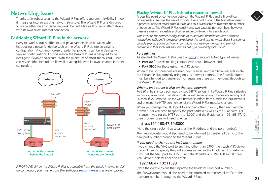 Black Box ServSwitchTM manual Networking issues, Positioning Wizard IP Plus in the network, Port settings 