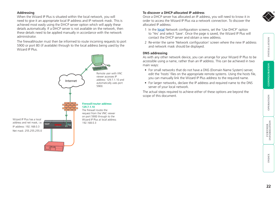 Black Box ServSwitchTM manual Addressing, To discover a DHCP-allocated IP address, DNS addressing, Firewall/router address 