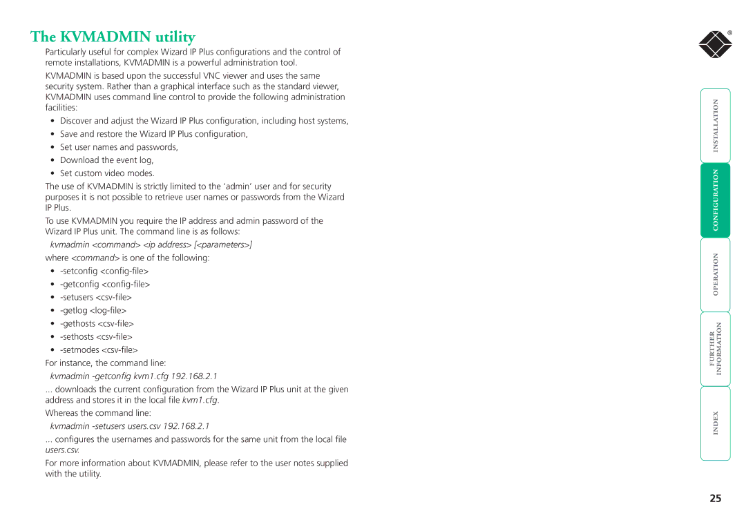 Black Box ServSwitchTM manual Kvmadmin utility, Kvmadmin command ip address parameters, Kvmadmin -getconfig kvm1.cfg 