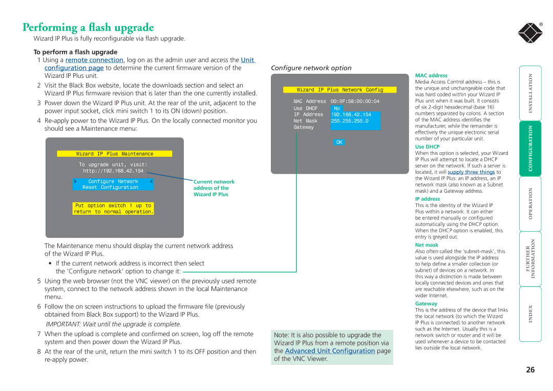 Black Box ServSwitchTM manual Performing a flash upgrade, To perform a flash upgrade, Configure network option 