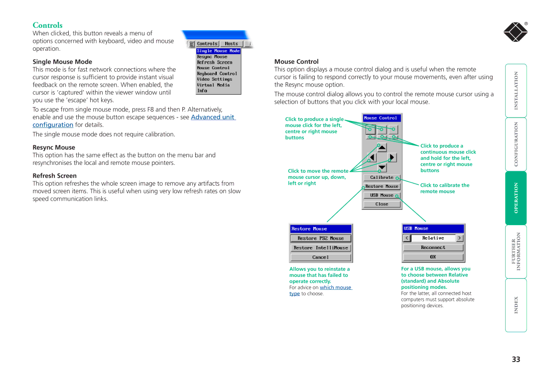 Black Box ServSwitchTM manual Controls, Single Mouse Mode, Resync Mouse, Refresh Screen 