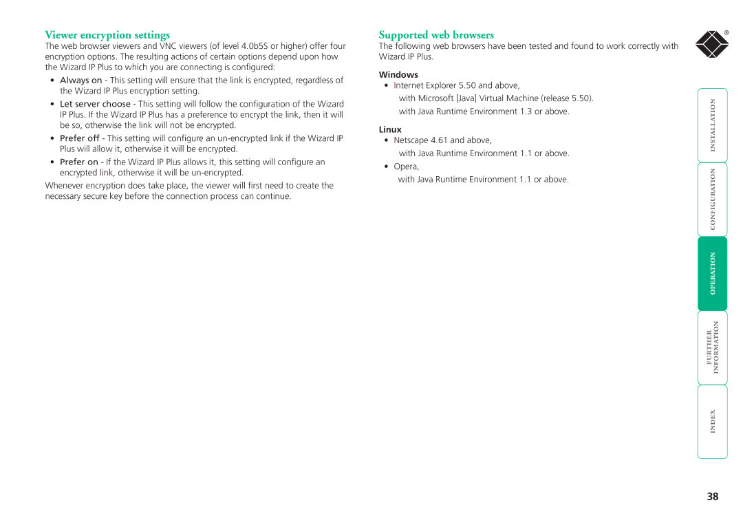 Black Box ServSwitchTM manual Viewer encryption settings, Supported web browsers, Windows, Linux 