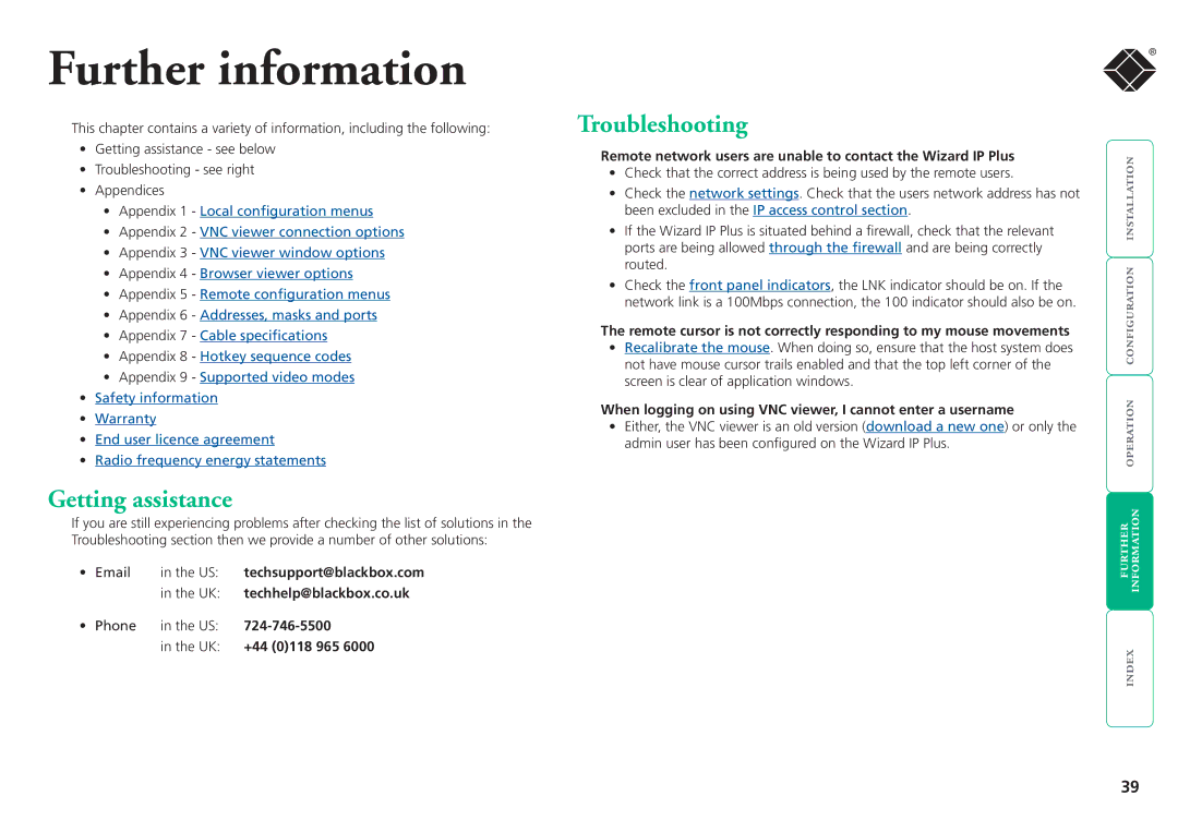 Black Box ServSwitchTM manual Getting assistance, Troubleshooting, UK +44 0118 965 