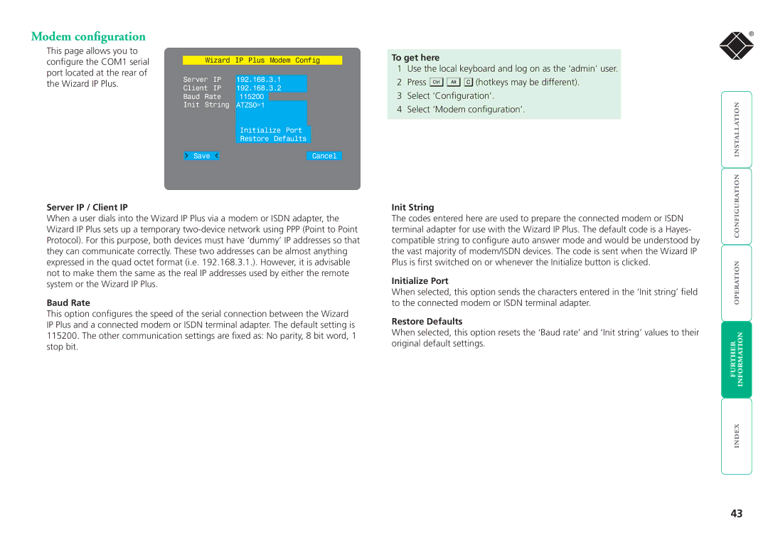 Black Box ServSwitchTM manual Modem configuration 