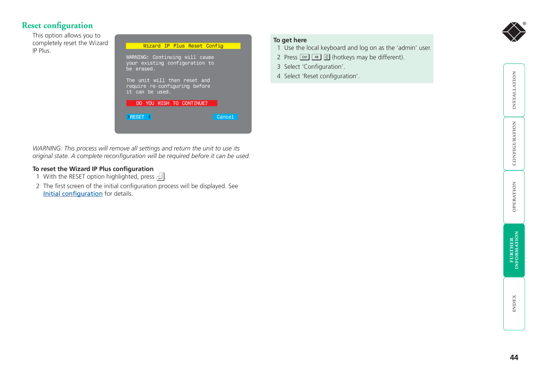 Black Box ServSwitchTM manual Reset configuration, To reset the Wizard IP Plus configuration 