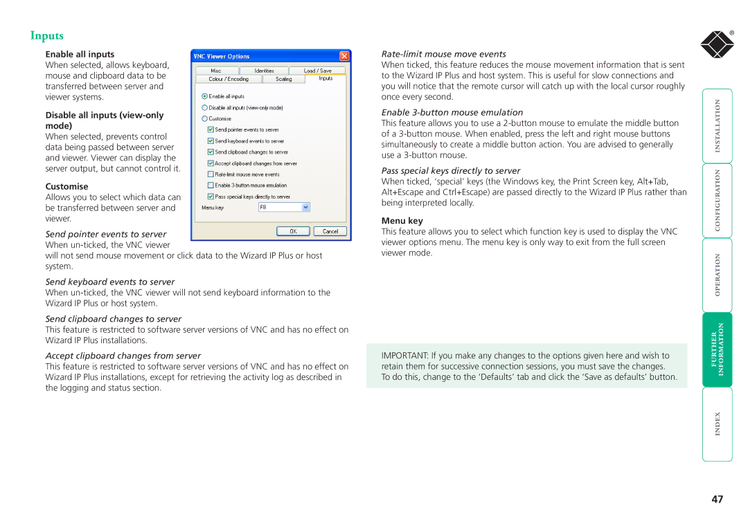 Black Box ServSwitchTM manual Inputs, Enable all inputs, Disable all inputs view-only mode, Customise, Menu key 