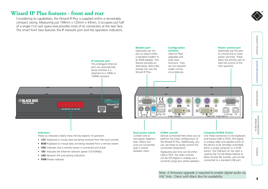 Black Box ServSwitchTM manual Wizard IP Plus features front and rear, VNC links. Check with Black Box for availability 