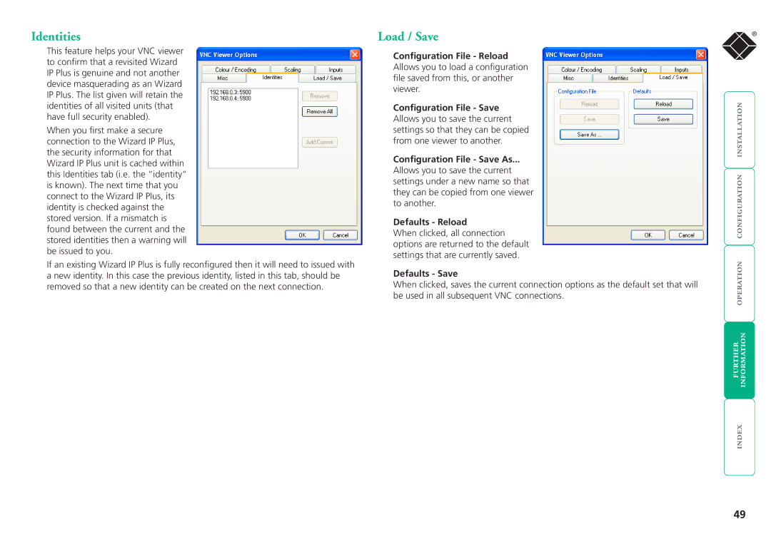 Black Box ServSwitchTM manual Identities, Load / Save, Defaults Reload, Defaults Save 