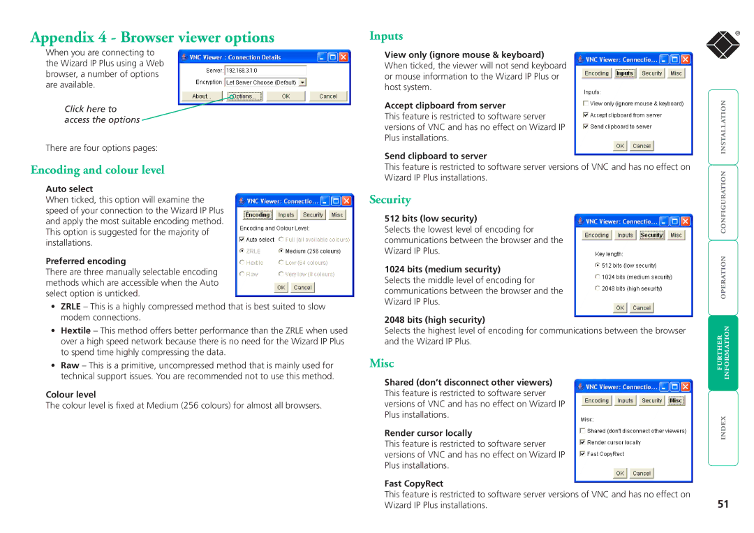 Black Box ServSwitchTM manual Appendix 4 Browser viewer options, Encoding and colour level, Security 