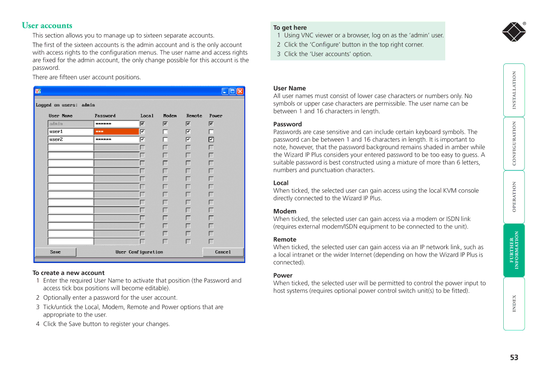 Black Box ServSwitchTM manual User accounts 