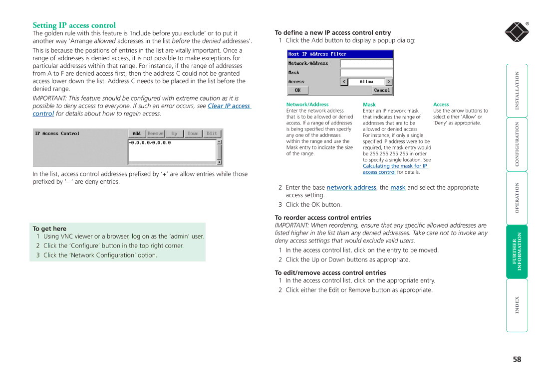 Black Box ServSwitchTM Setting IP access control, To define a new IP access control entry, Network/Address Mask Access 