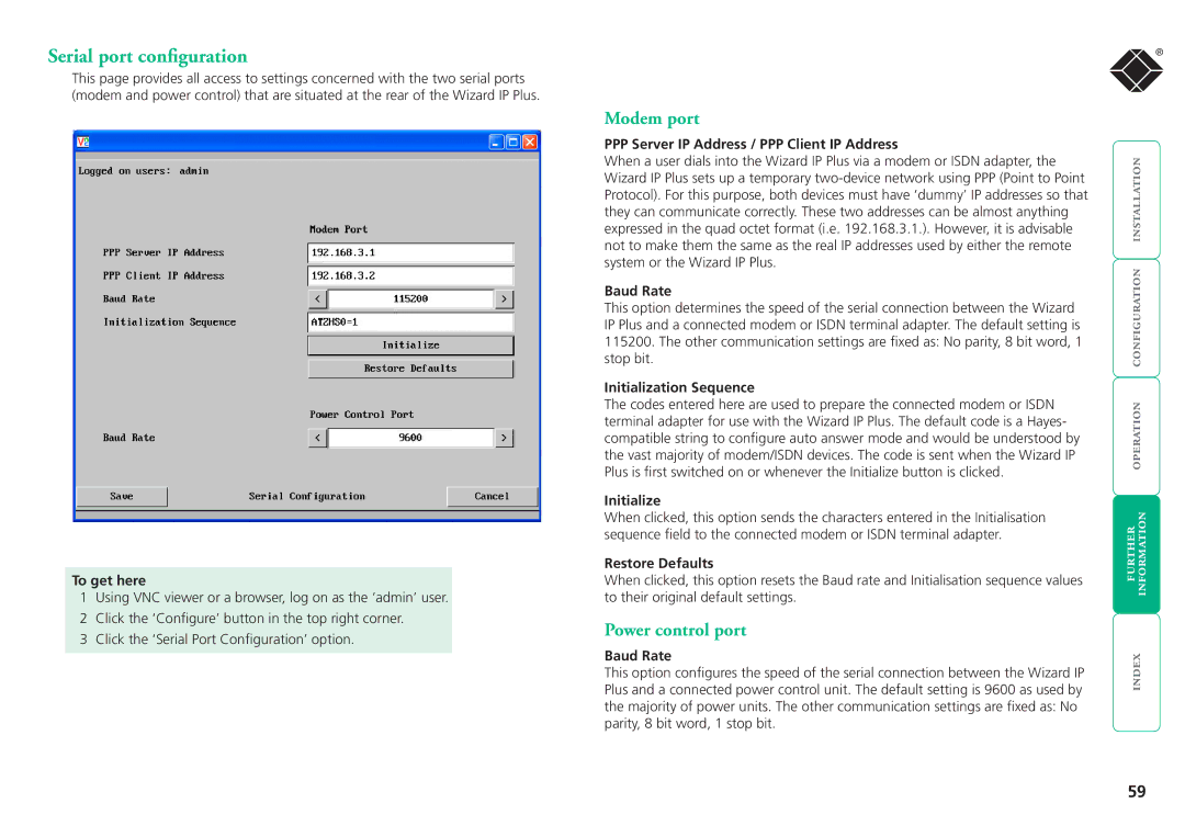 Black Box ServSwitchTM manual Serial port configuration, Modem port, Power control port 