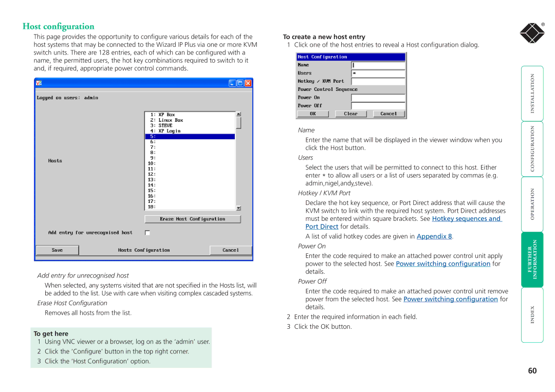 Black Box ServSwitchTM manual Host configuration, To create a new host entry 