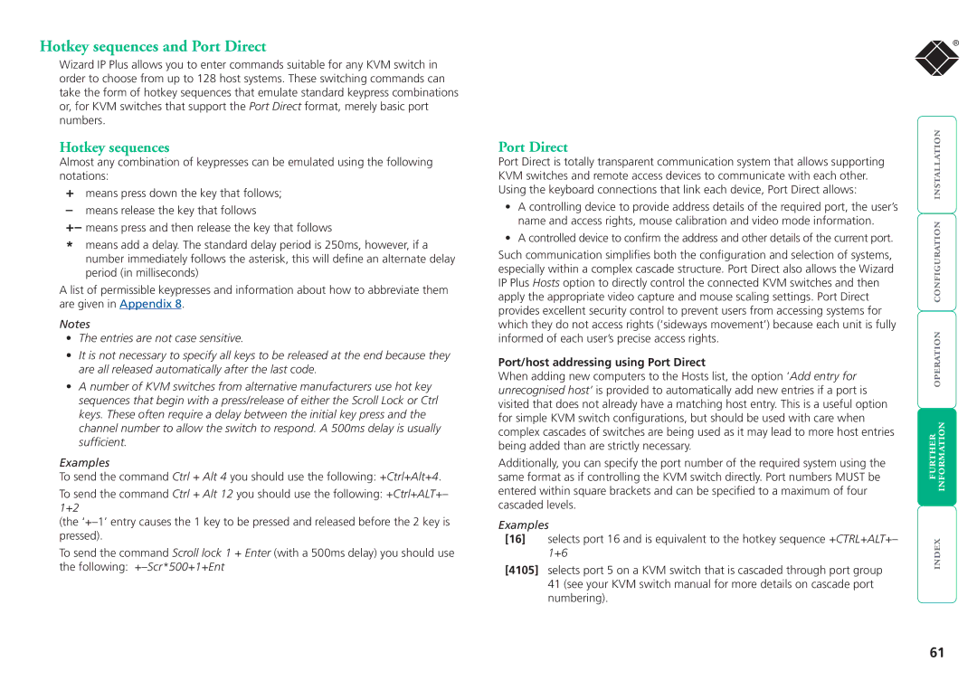 Black Box ServSwitchTM manual Hotkey sequences and Port Direct, Port/host addressing using Port Direct 