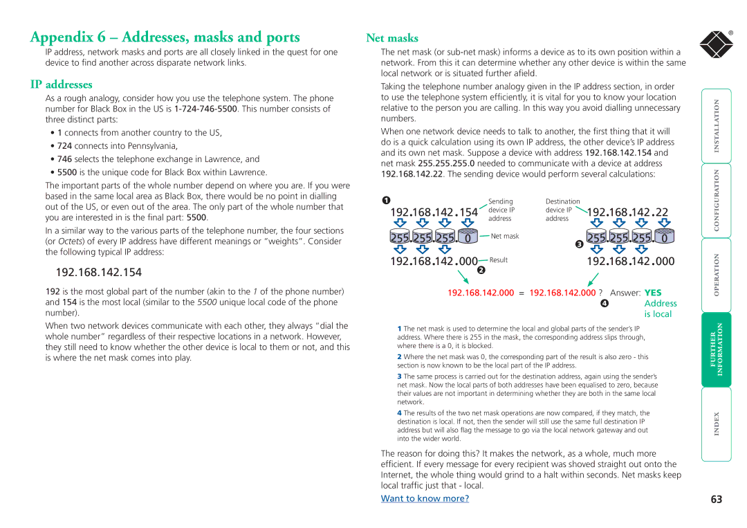 Black Box ServSwitchTM manual Appendix 6 Addresses, masks and ports, IP addresses, Net masks 