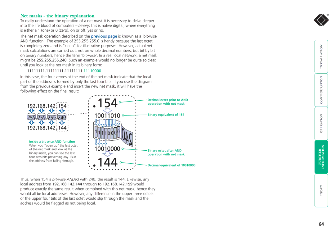 Black Box ServSwitchTM Net masks the binary explanation, Operation with net mask, Binary equivalent, Binary octet after 