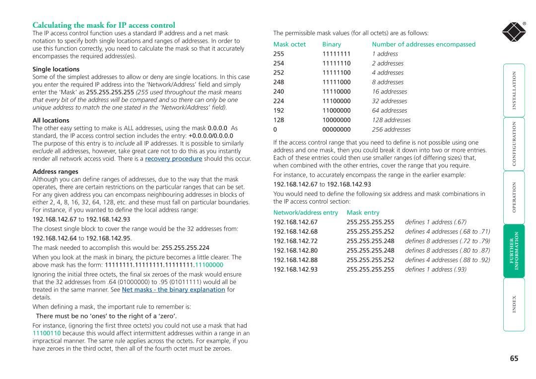 Black Box ServSwitchTM manual Calculating the mask for IP access control, Single locations, All locations, Address ranges 