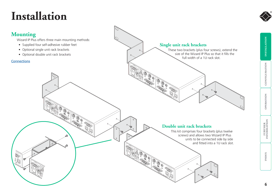 Black Box ServSwitchTM manual Mounting, Single unit rack brackets, Double unit rack brackets 