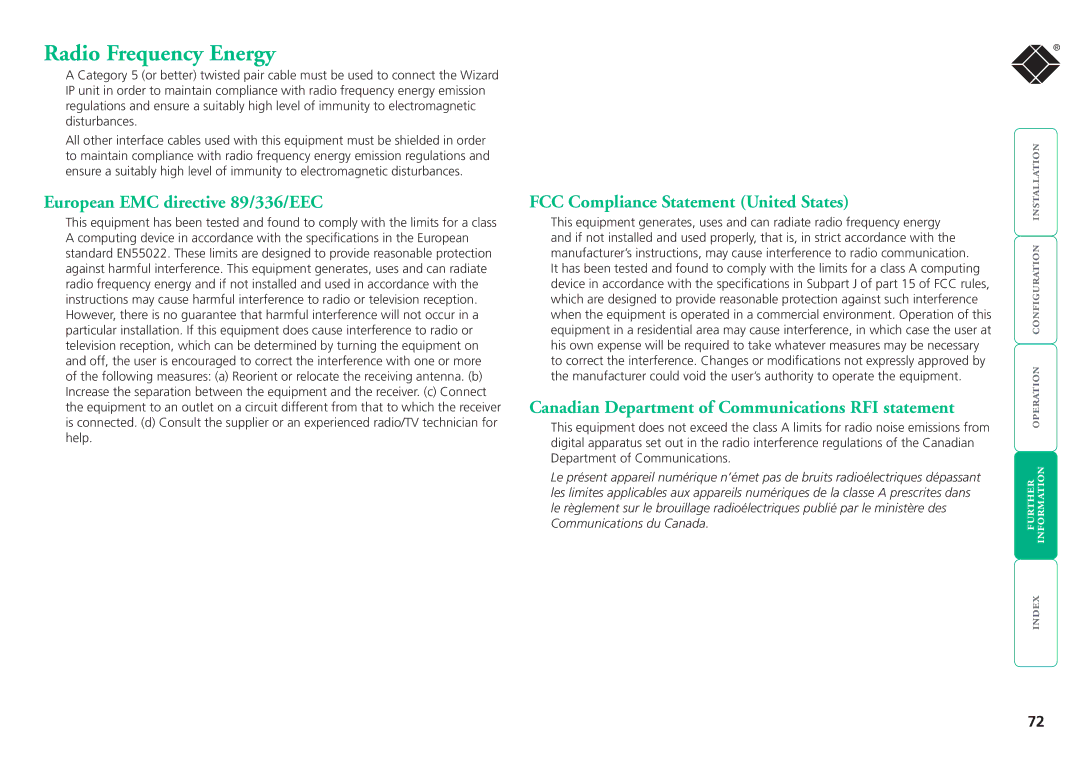 Black Box ServSwitchTM Radio Frequency Energy, European EMC directive 89/336/EEC, FCC Compliance Statement United States 