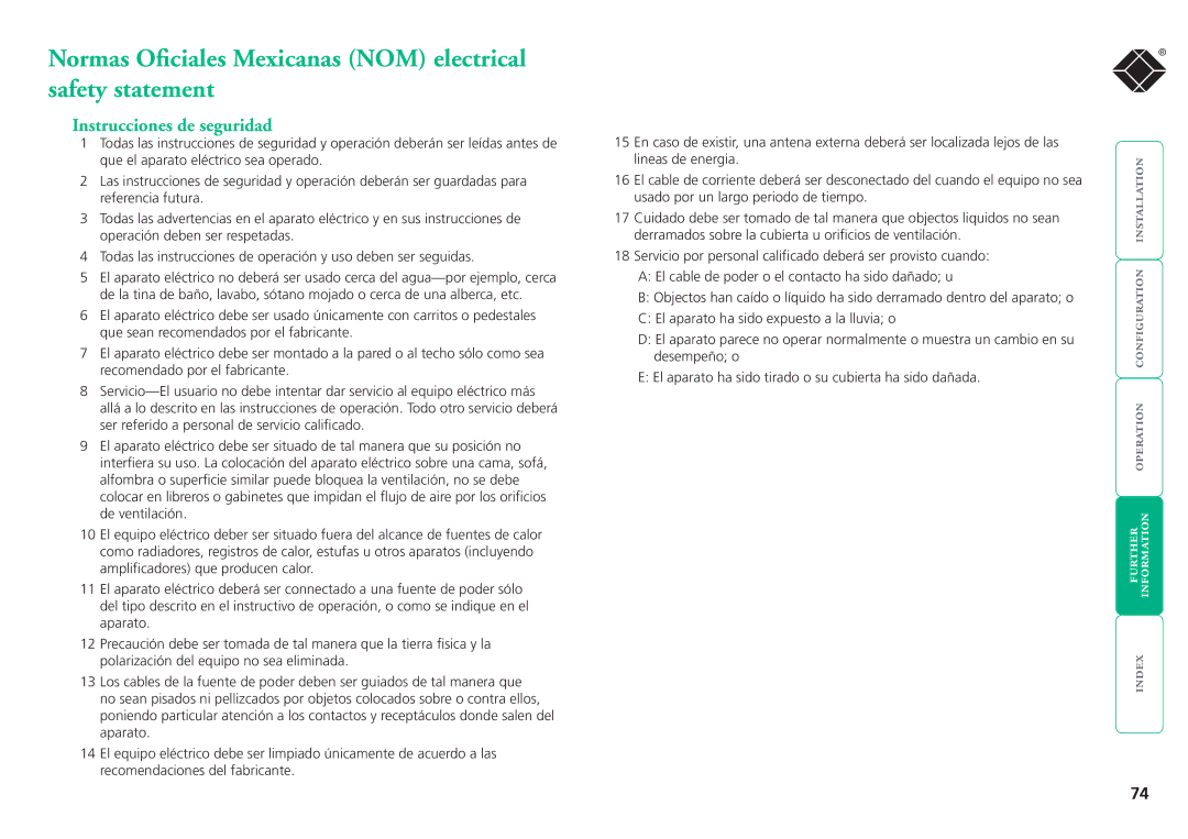 Black Box ServSwitchTM manual Normas Oficiales Mexicanas NOM electrical safety statement, Instrucciones de seguridad 