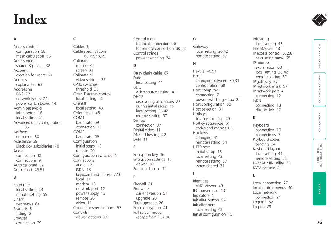 Black Box ServSwitchTM manual Index 