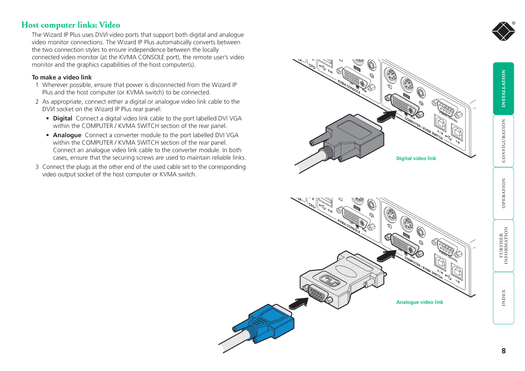 Black Box ServSwitchTM manual Host computer links Video, To make a video link, Digital video link, Analogue video link 