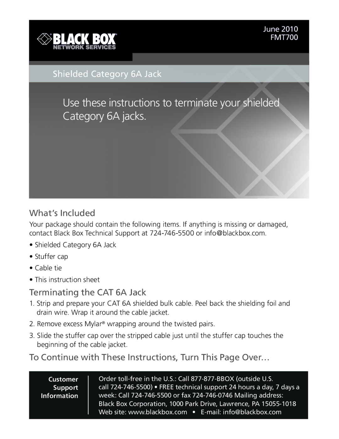Black Box Shielded Category 6A Jack, fmt700 instruction sheet What’s Included, Terminating the CAT 6A Jack 