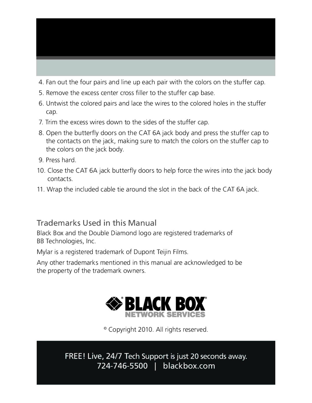 Black Box fmt700, Shielded Category 6A Jack instruction sheet Trademarks Used in this Manual 