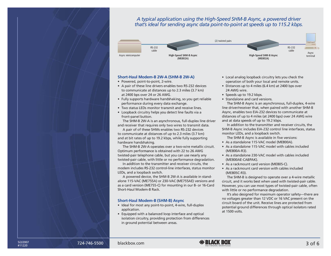 Black Box SHORT-HAUL, MICRODRIVER 9 manual Text subhead, Short-Haul Modem-B 2W-A SHM-B 2W-A, Short-Haul Modem-B SHM-B Async 